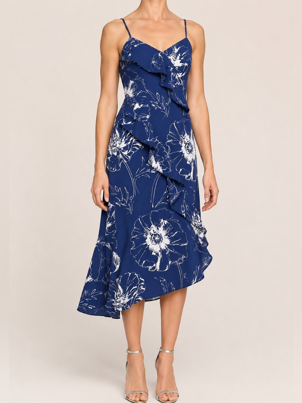 Banana Republic NWT Asymmetrical Floral Midi Dress Blue White Spaghetti Strap 8